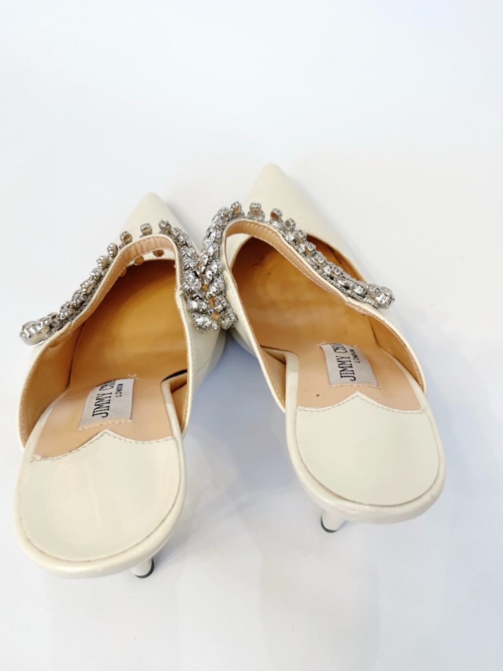 Jimmy Choo Bing 100MM Embellished Patent Leather Mules Ivory Crystal womens 7 38 - Picture 9 of 10